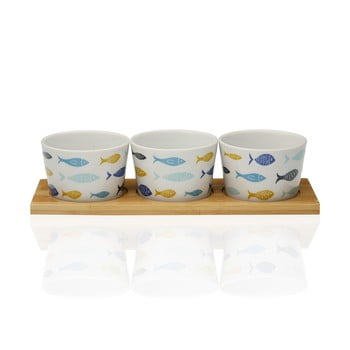 Set 3 boluri din porțelan cu suport din lemn de bambus versa blue bay