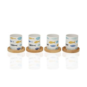Set 4 cești din porțelan cu suport din bambus versa blue bay