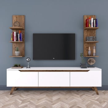 Set comodă tv cu 3 uși rabatabile și 2 etajere de perete rani white, alb-natural