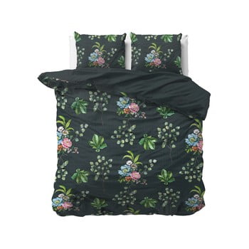 Lenjerie de pat din bumbac satinat, pentru pat dublu DH Botanical Dreams Nature Leaves Green, 200 x 200 cm