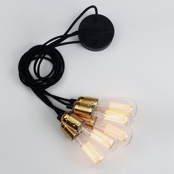Závěsné svítidlo s 5 černými kabely a zlatou objímkou Bulb Attack Uno Cassie