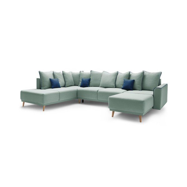 Mátově zelenárohová rozkládací pohovka s lenoškou Bobochic Paris Panoramique XXL Mola, pravý roh