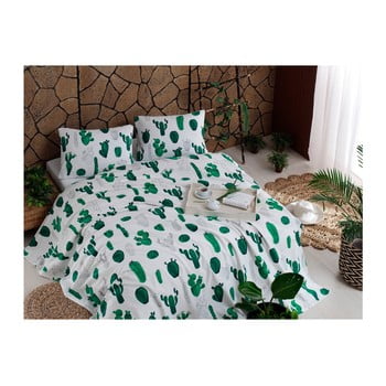 Set cuvertură din bumbac, cearșaf și 2 fețe de pernă kaktus green, 200 x 235 cm