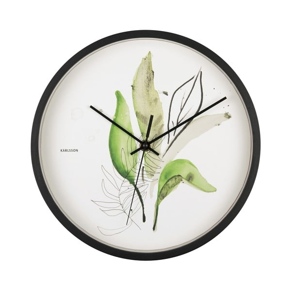 Zeleno-bílé nástěnné hodiny v černém rámu Karlsson Leaves, ø 26 cm