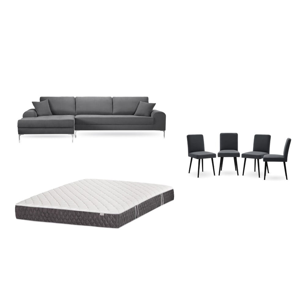 Set šedé pohovky s lenoškou vlevo, 4 antracitově šedých židlí a matrace 160 x 200 cm Home Essentials