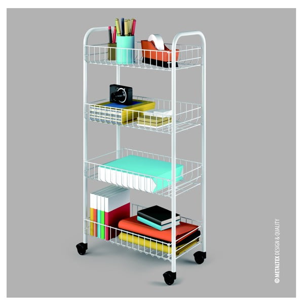 Bílý pojízdný stojan s 4 policemi Metaltex Pisa