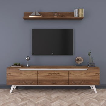 Set comodă tv cu 3 uși rabatabile și etajeră de perete rani natural, natural