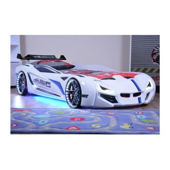 Pat în formă de automobil cu lumini led pentru copii fastero, 90 x 190 cm, alb